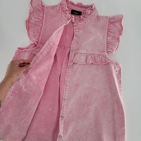 NWOT VICI Pink Ruffle Cap Sleeve Button Up Top Medium - Picture 5 of 10